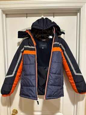London Fog Navy and Orange Kids Puffer Jacket with Hood